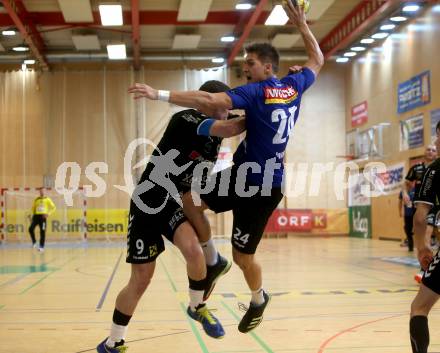 HLA. Handball BUndesliga. SC Kelag Ferlach gegen HSG Remus Baernbach/Koeflach. Mladan Jovanovic,  (SCF), Filip Bonic (Baernbach/Koeflach). Ferlach, am 12.10.2019.
Foto: Kuess
www.qspictures.net

---
pressefotos, pressefotografie, kuess, qs, qspictures, sport, bild, bilder, bilddatenbank