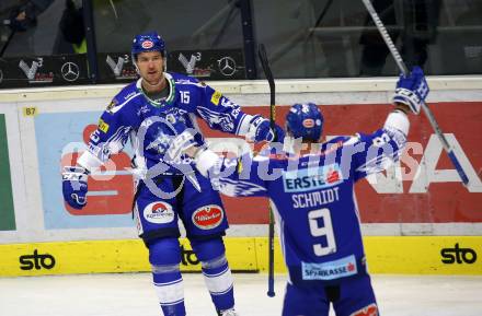 EBEL. Eishockey Bundesliga. EC VSV gegen Dornbirn Bulldogs	. Torjubel Brodie Reid, Kevin Schmidt  (VSV). Villach, am 20.10.2019.
Foto: Kuess
www.qspictures.net
---
pressefotos, pressefotografie, kuess, qs, qspictures, sport, bild, bilder, bilddatenbank