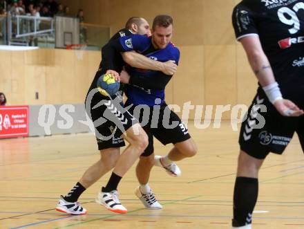 HLA. Handball BUndesliga. SC Kelag Ferlach gegen HSG Remus Baernbach/Koeflach. Matic Kotar,  (SCF), Goran Kolar (Baernbach/Koeflach). Ferlach, am 12.10.2019.
Foto: Kuess
www.qspictures.net

---
pressefotos, pressefotografie, kuess, qs, qspictures, sport, bild, bilder, bilddatenbank