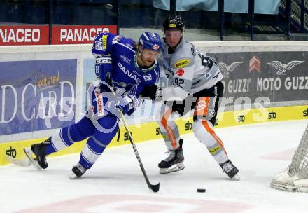 EBEL. Eishockey Bundesliga. EC VSV gegen Dornbirn Bulldogs	. Miika Lahti,   (VSV), Stefan Haeussle (Dornbirn). Villach, am 20.10.2019.
Foto: Kuess
www.qspictures.net
---
pressefotos, pressefotografie, kuess, qs, qspictures, sport, bild, bilder, bilddatenbank