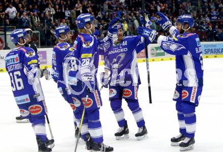 EBEL. Eishockey Bundesliga. EC VSV gegen Dornbirn Bulldogs	.  Torjubel Jerry Pollastrone, Jamie Fraser, Miika Lahti, Patrick Bjorkstrand (VSV). Villach, am 20.10.2019.
Foto: Kuess
www.qspictures.net
---
pressefotos, pressefotografie, kuess, qs, qspictures, sport, bild, bilder, bilddatenbank