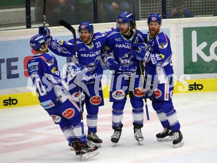 EBEL. Eishockey Bundesliga. EC VSV gegen Dornbirn Bulldogs	.  Torjubel Nico Brunner, Martin Ulmer, Chris Collins, Jamie Fraser (VSV). Villach, am 20.10.2019.
Foto: Kuess
www.qspictures.net
---
pressefotos, pressefotografie, kuess, qs, qspictures, sport, bild, bilder, bilddatenbank