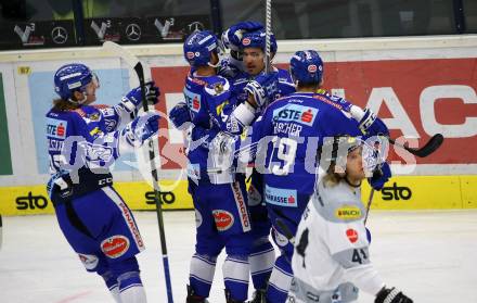 EBEL. Eishockey Bundesliga. EC VSV gegen Dornbirn Bulldogs	.  Torjubel Brodie Reid, Kevin Schmidt, Stefan Bacher, Anton Karlsson (VSV). Villach, am 20.10.2019.
Foto: Kuess
www.qspictures.net
---
pressefotos, pressefotografie, kuess, qs, qspictures, sport, bild, bilder, bilddatenbank