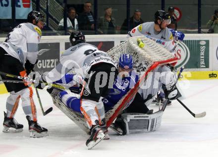 EBEL. Eishockey Bundesliga. EC VSV gegen Dornbirn Bulldogs	. Miika Lahti
  (VSV), Mikko Vainonen, Ramon Schnetzer, Juha Rasmus Rinne, Mathias Bau Hansen (Dornbirn). Villach, am 20.10.2019.
Foto: Kuess
www.qspictures.net
---
pressefotos, pressefotografie, kuess, qs, qspictures, sport, bild, bilder, bilddatenbank