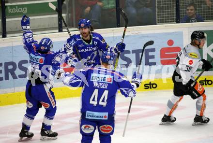 EBEL. Eishockey Bundesliga. EC VSV gegen Dornbirn Bulldogs	. Torjubel Martin Ulmer, Chris Collins, Jamie Fraser  (VSV). Villach, am 20.10.2019.
Foto: Kuess
www.qspictures.net
---
pressefotos, pressefotografie, kuess, qs, qspictures, sport, bild, bilder, bilddatenbank