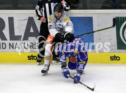 EBEL. Eishockey Bundesliga. EC VSV gegen Dornbirn Bulldogs	. Jerry Pollastrone,   (VSV), Olivier Magnan (Dornbirn). Villach, am 20.10.2019.
Foto: Kuess
www.qspictures.net
---
pressefotos, pressefotografie, kuess, qs, qspictures, sport, bild, bilder, bilddatenbank