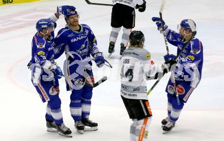 EBEL. Eishockey Bundesliga. EC VSV gegen Dornbirn Bulldogs	.  Torjubel Patrick Spannring, Miika Lahti, Marko Poeyhoenen (VSV). Villach, am 20.10.2019.
Foto: Kuess
www.qspictures.net
---
pressefotos, pressefotografie, kuess, qs, qspictures, sport, bild, bilder, bilddatenbank
