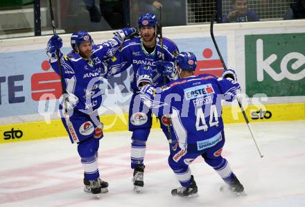 EBEL. Eishockey Bundesliga. EC VSV gegen Dornbirn Bulldogs	. Torjubel Martin Ulmer, Chris Collins, Jamie Fraser  (VSV). Villach, am 20.10.2019.
Foto: Kuess
www.qspictures.net
---
pressefotos, pressefotografie, kuess, qs, qspictures, sport, bild, bilder, bilddatenbank