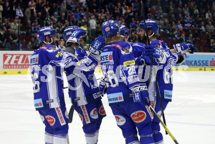 EBEL. Eishockey Bundesliga. EC VSV gegen Dornbirn Bulldogs	.  Torjubel Jerry Pollastrone, Jamie Fraser, Miika Lahti, Patrick Bjorkstrand (VSV). Villach, am 20.10.2019.
Foto: Kuess
www.qspictures.net
---
pressefotos, pressefotografie, kuess, qs, qspictures, sport, bild, bilder, bilddatenbank