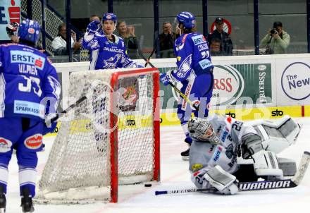 EBEL. Eishockey Bundesliga. EC VSV gegen Dornbirn Bulldogs	. Torjubel Martin Ulmer, Brodie Reid, Chris Collins  (VSV). Villach, am 20.10.2019.
Foto: Kuess
www.qspictures.net
---
pressefotos, pressefotografie, kuess, qs, qspictures, sport, bild, bilder, bilddatenbank
