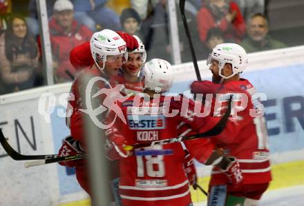 EBEL. Eishockey Bundesliga. KAC gegen	HC Orli Znojmo. Torjubel Lukas Haudum, Adam Comrie, Thomas Koch, Andrew Kozek (KAC). Klagenfurt, am 25.10.2019.
Foto: Kuess
www.qspictures.net

---
pressefotos, pressefotografie, kuess, qs, qspictures, sport, bild, bilder, bilddatenbank