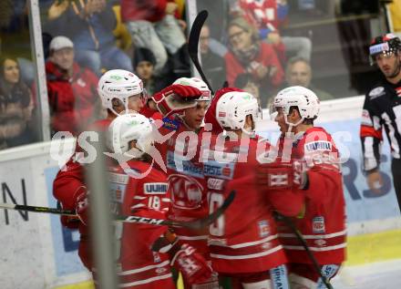EBEL. Eishockey Bundesliga. KAC gegen	HC Orli Znojmo. Torjubel Lukas Haudum, Adam Comrie, Thomas Koch, Andrew Kozek, Clemens Unterweger (KAC). Klagenfurt, am 25.10.2019.
Foto: Kuess
www.qspictures.net

---
pressefotos, pressefotografie, kuess, qs, qspictures, sport, bild, bilder, bilddatenbank