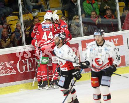 EBEL. Eishockey Bundesliga. KAC gegen	HC Orli Znojmo. Torjubel Johannes Bischofberger, Thomas Hundertpfund, Adam Comrie, David Fischer (KAC). Klagenfurt, am 25.10.2019.
Foto: Kuess
www.qspictures.net

---
pressefotos, pressefotografie, kuess, qs, qspictures, sport, bild, bilder, bilddatenbank
