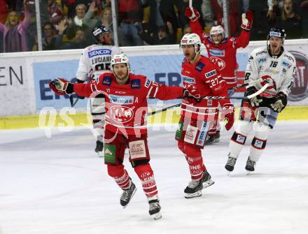 EBEL. Eishockey Bundesliga. KAC gegen	HC Orli Znojmo. Torjubel Manuel Ganahl, Thomas Hundertpfund (KAC). Klagenfurt, am 25.10.2019.
Foto: Kuess
www.qspictures.net

---
pressefotos, pressefotografie, kuess, qs, qspictures, sport, bild, bilder, bilddatenbank