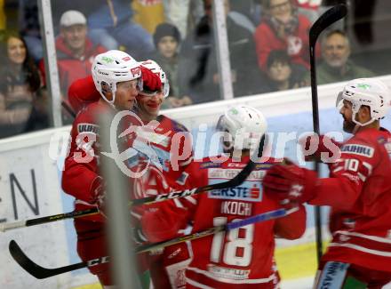 EBEL. Eishockey Bundesliga. KAC gegen	HC Orli Znojmo. Torjubel Lukas Haudum, Adam Comrie, Thomas Koch, Andrew Kozek (KAC). Klagenfurt, am 25.10.2019.
Foto: Kuess
www.qspictures.net

---
pressefotos, pressefotografie, kuess, qs, qspictures, sport, bild, bilder, bilddatenbank