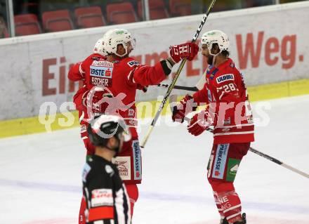 EBEL. Eishockey Bundesliga. KAC gegen	HC Orli Znojmo. Torjubel Manuel Ganahl, David Fischer, Martin Schumnig (KAC). Klagenfurt, am 25.10.2019.
Foto: Kuess
www.qspictures.net

---
pressefotos, pressefotografie, kuess, qs, qspictures, sport, bild, bilder, bilddatenbank