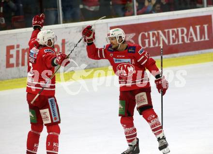 EBEL. Eishockey Bundesliga. KAC gegen	HC Orli Znojmo. Torjubel Manuel Ganahl, David Fischer (KAC). Klagenfurt, am 25.10.2019.
Foto: Kuess
www.qspictures.net

---
pressefotos, pressefotografie, kuess, qs, qspictures, sport, bild, bilder, bilddatenbank