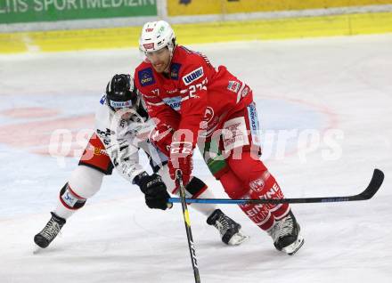 EBEL. Eishockey Bundesliga. KAC gegen	HC Orli Znojmo. Thomas Hundertpfund  (KAC), Patrik Novak (Znojmo). Klagenfurt, am 25.10.2019.
Foto: Kuess
www.qspictures.net

---
pressefotos, pressefotografie, kuess, qs, qspictures, sport, bild, bilder, bilddatenbank