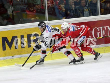 EBEL. Eishockey Bundesliga. KAC gegen	HC Orli Znojmo. Lukas Haudum,  (KAC), Vladimir Oscadal (Znojmo). Klagenfurt, am 25.10.2019.
Foto: Kuess
www.qspictures.net

---
pressefotos, pressefotografie, kuess, qs, qspictures, sport, bild, bilder, bilddatenbank