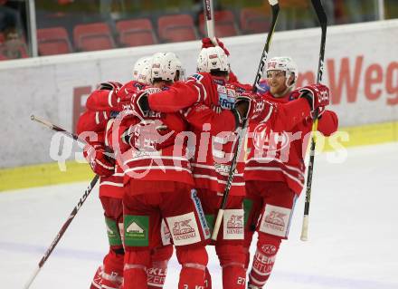 EBEL. Eishockey Bundesliga. KAC gegen	HC Orli Znojmo. Torjubel Manuel Ganahl, David Fischer, Martin Schumnig, Thomas Hundertpfund, Johannes Bischofberger (KAC). Klagenfurt, am 25.10.2019.
Foto: Kuess
www.qspictures.net

---
pressefotos, pressefotografie, kuess, qs, qspictures, sport, bild, bilder, bilddatenbank