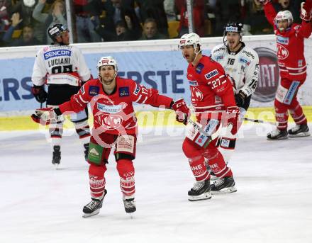 EBEL. Eishockey Bundesliga. KAC gegen	HC Orli Znojmo. Torjubel Manuel Ganahl, Thomas Hundertpfund (KAC). Klagenfurt, am 25.10.2019.
Foto: Kuess
www.qspictures.net

---
pressefotos, pressefotografie, kuess, qs, qspictures, sport, bild, bilder, bilddatenbank