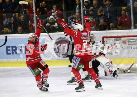 EBEL. Eishockey Bundesliga. KAC gegen	HC Orli Znojmo. Torjubel Manuel Ganahl, Thomas Hundertpfund (KAC). Klagenfurt, am 25.10.2019.
Foto: Kuess
www.qspictures.net

---
pressefotos, pressefotografie, kuess, qs, qspictures, sport, bild, bilder, bilddatenbank