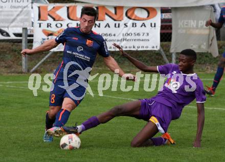 Fussball Unterliga Ost. Woelfnitz gegen SK Austria KLagenfurt. Michael Schneider,  (Woelfnitz), Mersei Dieu Nsandi (Austria KLagenfurt). Woelfnitz, am 19.10.2019.
Foto: Kuess
www.qspictures.net

---
pressefotos, pressefotografie, kuess, qs, qspictures, sport, bild, bilder, bilddatenbank