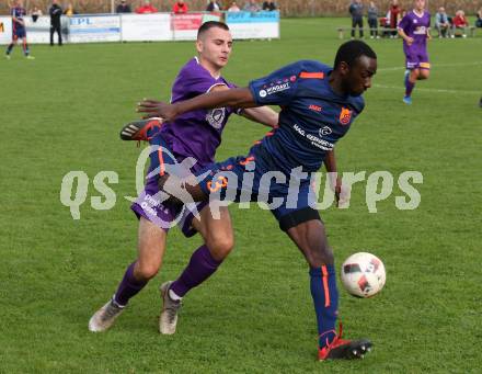 Fussball Unterliga Ost. Woelfnitz gegen SK Austria KLagenfurt. Kevin Mpaka,  (Woelfnitz), Aleksandar Dokic (Austria KLagenfurt). Woelfnitz, am 19.10.2019.
Foto: Kuess
www.qspictures.net

---
pressefotos, pressefotografie, kuess, qs, qspictures, sport, bild, bilder, bilddatenbank