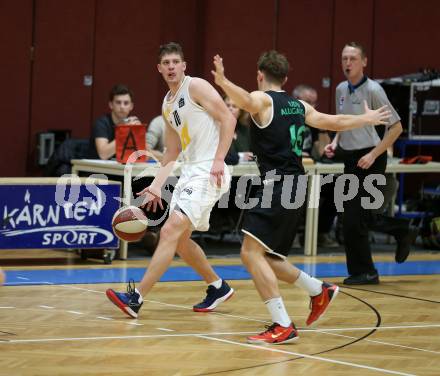 Basketball Zweite Liga 2019/2020. Grunddurchgang 6. Runde. Woerthersee Piraten gegen Deutsch Wagram Alligators. Tevz Ruzic (Piraten), Elias Wlasak (Alligators). Klagenfurt, am 26.10.2019.
Foto: Kuess
www.qspictures.net

---
pressefotos, pressefotografie, kuess, qs, qspictures, sport, bild, bilder, bilddatenbank