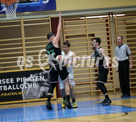 Basketball Zweite Liga 2019/2020. Grunddurchgang 6. Runde. Woerthersee Piraten gegen Deutsch Wagram Alligators. Andreas Nuck, (Piraten),  Marko Goranovic, Paul Rotter (Alligators). Klagenfurt, am 26.10.2019.
Foto: Kuess
www.qspictures.net

---
pressefotos, pressefotografie, kuess, qs, qspictures, sport, bild, bilder, bilddatenbank