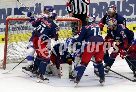 EBEL. Eishockey Bundesliga. EC VSV gegen EC Red Bull Salzburg.  Alexander Lahoda, Christof Wappis,  (VSV), Yannic Pilloni, Jean Philippe Lamoureux, Nico Feldner (Salzburg). Villach, am 27.10.2019.
Foto: Kuess
www.qspictures.net
---
pressefotos, pressefotografie, kuess, qs, qspictures, sport, bild, bilder, bilddatenbank