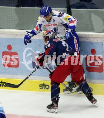 EBEL. Eishockey Bundesliga. EC VSV gegen EC Red Bull Salzburg. Brodie Reid,   (VSV), Brent Regner (Salzburg). Villach, am 27.10.2019.
Foto: Kuess
www.qspictures.net
---
pressefotos, pressefotografie, kuess, qs, qspictures, sport, bild, bilder, bilddatenbank