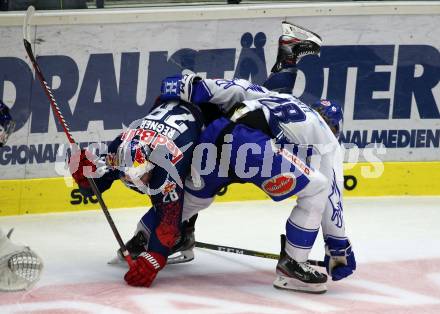 EBEL. Eishockey Bundesliga. EC VSV gegen EC Red Bull Salzburg.  Miika Lahti,  (VSV), Brent Regner (Salzburg). Villach, am 27.10.2019.
Foto: Kuess
www.qspictures.net
---
pressefotos, pressefotografie, kuess, qs, qspictures, sport, bild, bilder, bilddatenbank