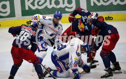 EBEL. Eishockey Bundesliga. EC VSV gegen EC Red Bull Salzburg.  Alen Bilic, Miika Lahti,  (VSV), Peter Hochkofler, Michael Schiechl, Mario Huber (Salzburg). Villach, am 27.10.2019.
Foto: Kuess
www.qspictures.net
---
pressefotos, pressefotografie, kuess, qs, qspictures, sport, bild, bilder, bilddatenbank