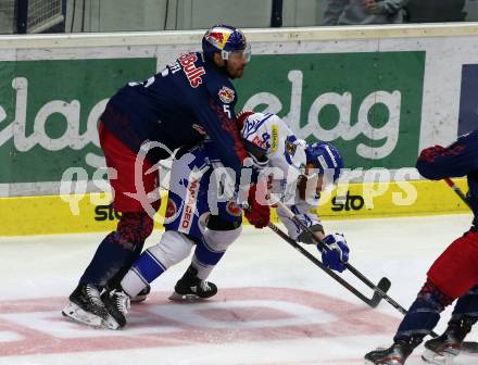 EBEL. Eishockey Bundesliga. EC VSV gegen EC Red Bull Salzburg.  Jammie Fraser,  (VSV), Thomas Raffl (Salzburg). Villach, am 27.10.2019.
Foto: Kuess
www.qspictures.net
---
pressefotos, pressefotografie, kuess, qs, qspictures, sport, bild, bilder, bilddatenbank