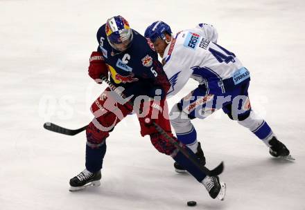 EBEL. Eishockey Bundesliga. EC VSV gegen EC Red Bull Salzburg.  Jamie Fraser, (VSV), Thomas Raffl  (Salzburg). Villach, am 27.10.2019.
Foto: Kuess
www.qspictures.net
---
pressefotos, pressefotografie, kuess, qs, qspictures, sport, bild, bilder, bilddatenbank
