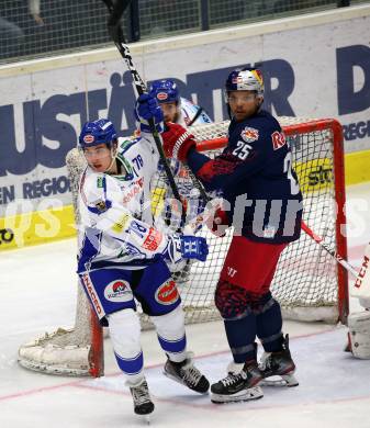 EBEL. Eishockey Bundesliga. EC VSV gegen EC Red Bull Salzburg.  Felix Maxa,  (VSV), Derek Joslin (Salzburg). Villach, am 27.10.2019.
Foto: Kuess
www.qspictures.net
---
pressefotos, pressefotografie, kuess, qs, qspictures, sport, bild, bilder, bilddatenbank