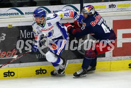 EBEL. Eishockey Bundesliga. EC VSV gegen EC Red Bull Salzburg. Nico Brunner,   (VSV), Layne Viveiros (Salzburg). Villach, am 27.10.2019.
Foto: Kuess
www.qspictures.net
---
pressefotos, pressefotografie, kuess, qs, qspictures, sport, bild, bilder, bilddatenbank