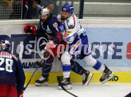 EBEL. Eishockey Bundesliga. EC VSV gegen EC Red Bull Salzburg. Nico Brunner,  (VSV), Dominique Heinrich  (Salzburg). Villach, am 27.10.2019.
Foto: Kuess
www.qspictures.net
---
pressefotos, pressefotografie, kuess, qs, qspictures, sport, bild, bilder, bilddatenbank