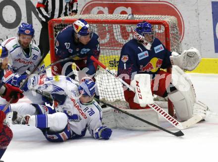 EBEL. Eishockey Bundesliga. EC VSV gegen EC Red Bull Salzburg. Felix Maxa, Nico Brunner,  (VSV), Brendan Mikkelson, Jean Philippe Lamoureux  (Salzburg). Villach, am 27.10.2019.
Foto: Kuess
www.qspictures.net
---
pressefotos, pressefotografie, kuess, qs, qspictures, sport, bild, bilder, bilddatenbank