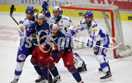 EBEL. Eishockey Bundesliga. EC VSV gegen EC Red Bull Salzburg.  Alen Bilic, Brandon Maxwell, Kevin Schmidt, (VSV), Nico Feldner, Michael Schiechl  (Salzburg). Villach, am 27.10.2019.
Foto: Kuess
www.qspictures.net
---
pressefotos, pressefotografie, kuess, qs, qspictures, sport, bild, bilder, bilddatenbank