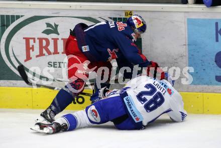 EBEL. Eishockey Bundesliga. EC VSV gegen EC Red Bull Salzburg. Miika Lahti,   (VSV), Daniel Jakubitzka (Salzburg). Villach, am 27.10.2019.
Foto: Kuess
www.qspictures.net
---
pressefotos, pressefotografie, kuess, qs, qspictures, sport, bild, bilder, bilddatenbank