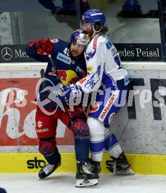 EBEL. Eishockey Bundesliga. EC VSV gegen EC Red Bull Salzburg. Chrhis Collins,  (VSV), Layne Viveiros  (Salzburg). Villach, am 27.10.2019.
Foto: Kuess
www.qspictures.net
---
pressefotos, pressefotografie, kuess, qs, qspictures, sport, bild, bilder, bilddatenbank