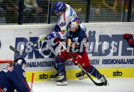 EBEL. Eishockey Bundesliga. EC VSV gegen EC Red Bull Salzburg.  Chris Collins,  (VSV), Dominique Heinrich (Salzburg). Villach, am 27.10.2019.
Foto: Kuess
www.qspictures.net
---
pressefotos, pressefotografie, kuess, qs, qspictures, sport, bild, bilder, bilddatenbank