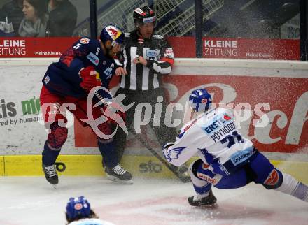 EBEL. Eishockey Bundesliga. EC VSV gegen EC Red Bull Salzburg.  Marko Poeyhoenen, (VSV), Thomas Raffl  (Salzburg). Villach, am 27.10.2019.
Foto: Kuess
www.qspictures.net
---
pressefotos, pressefotografie, kuess, qs, qspictures, sport, bild, bilder, bilddatenbank