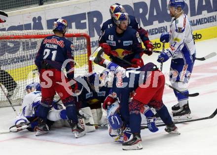 EBEL. Eishockey Bundesliga. EC VSV gegen EC Red Bull Salzburg. Alexander Lahoda, Christof Wappis, Marko Poeyhoenen, (VSV), Yannic Pilloni, Jean Philippe Lamoureux, Nico Feldner, Samuel Witting  (Salzburg). Villach, am 27.10.2019.
Foto: Kuess
www.qspictures.net
---
pressefotos, pressefotografie, kuess, qs, qspictures, sport, bild, bilder, bilddatenbank
