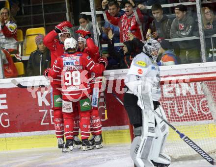 EBEL. Eishockey Bundesliga. KAC gegen	Dornbirn Bulldogs. Torjubel Obersteiner Daniel, Petersen Nicholas Eric, Kreuzer Philipp (KAC). Klagenfurt, am 1.11.2019.
Foto: Kuess
www.qspictures.net

---
pressefotos, pressefotografie, kuess, qs, qspictures, sport, bild, bilder, bilddatenbank