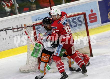 EBEL. Eishockey Bundesliga. KAC gegen	Dornbirn Bulldogs. Unterweger Clemens (KAC), Koerkkoe Tomi Matti Juhani (Dornbirn). Klagenfurt, am 1.11.2019.
Foto: Kuess
www.qspictures.net

---
pressefotos, pressefotografie, kuess, qs, qspictures, sport, bild, bilder, bilddatenbank