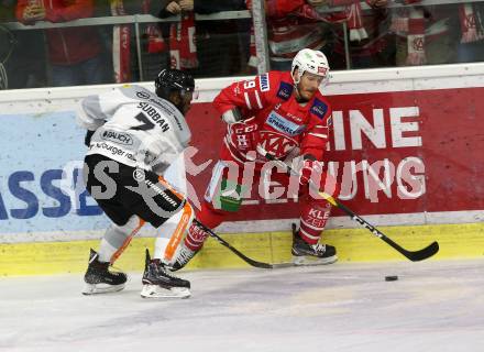 EBEL. Eishockey Bundesliga. KAC gegen	Dornbirn Bulldogs. Geier Stefan (KAC), Subban Jordan Carmichael (Dornbirn). Klagenfurt, am 1.11.2019.
Foto: Kuess
www.qspictures.net

---
pressefotos, pressefotografie, kuess, qs, qspictures, sport, bild, bilder, bilddatenbank