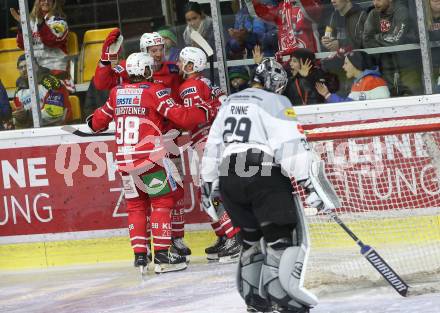 EBEL. Eishockey Bundesliga. KAC gegen	Dornbirn Bulldogs. Torjubel Obersteiner Daniel, Petersen Nicholas Eric, Kreuzer Philipp (KAC). Klagenfurt, am 1.11.2019.
Foto: Kuess
www.qspictures.net

---
pressefotos, pressefotografie, kuess, qs, qspictures, sport, bild, bilder, bilddatenbank